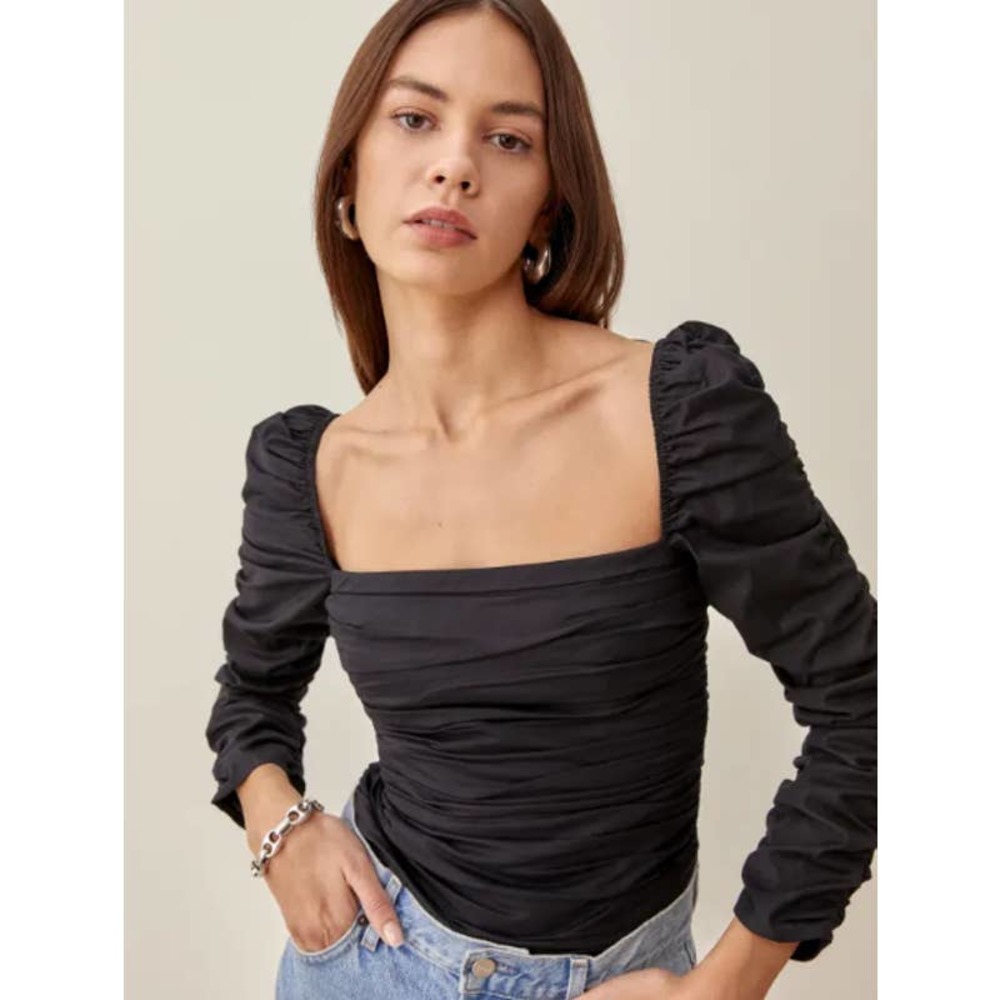 NWT Reformation Joi Top Women's Size 2 Black Square Neck Poplin Ruched Sleeve